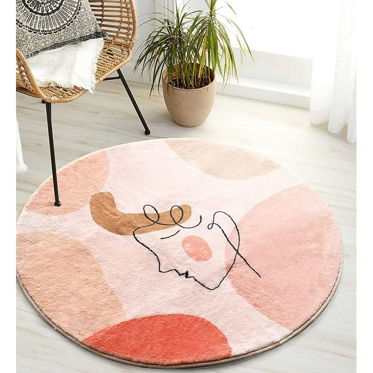 Cute Pink Round Bathroom Rugs 2ft Faux Wool Soft Shag Circle Bath Mat with Rubber  Backing Modern Abstract Aesthetic Art Patterned Bath Rug Non Slip Boho  Bathroom Deocr (Rounnd-2ft, Pink) 