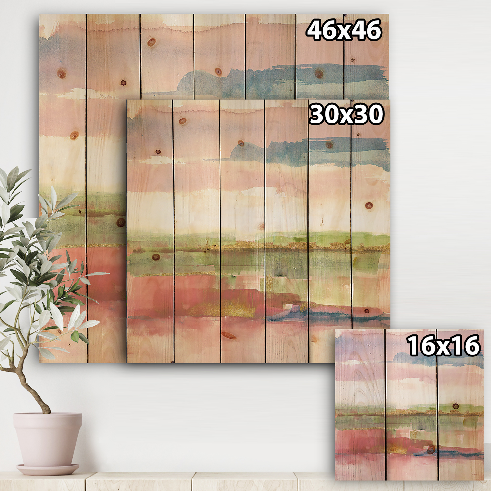 Designart 'Color Gold Bright and Influence Of Line' Shabby Chic Print on Natural Pine Wood