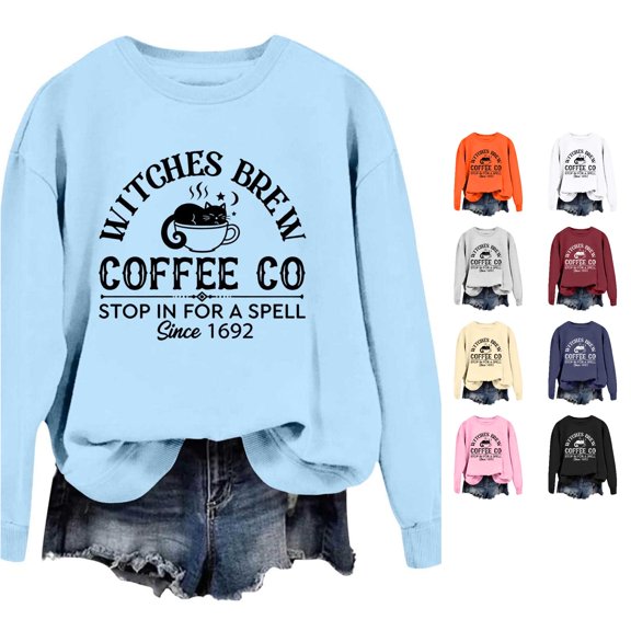 Venzia Women Halloween Crewneck Sweatshirt, Black Long Sleeve Pullover Top, Casual Fall Graphic Sweatshirt