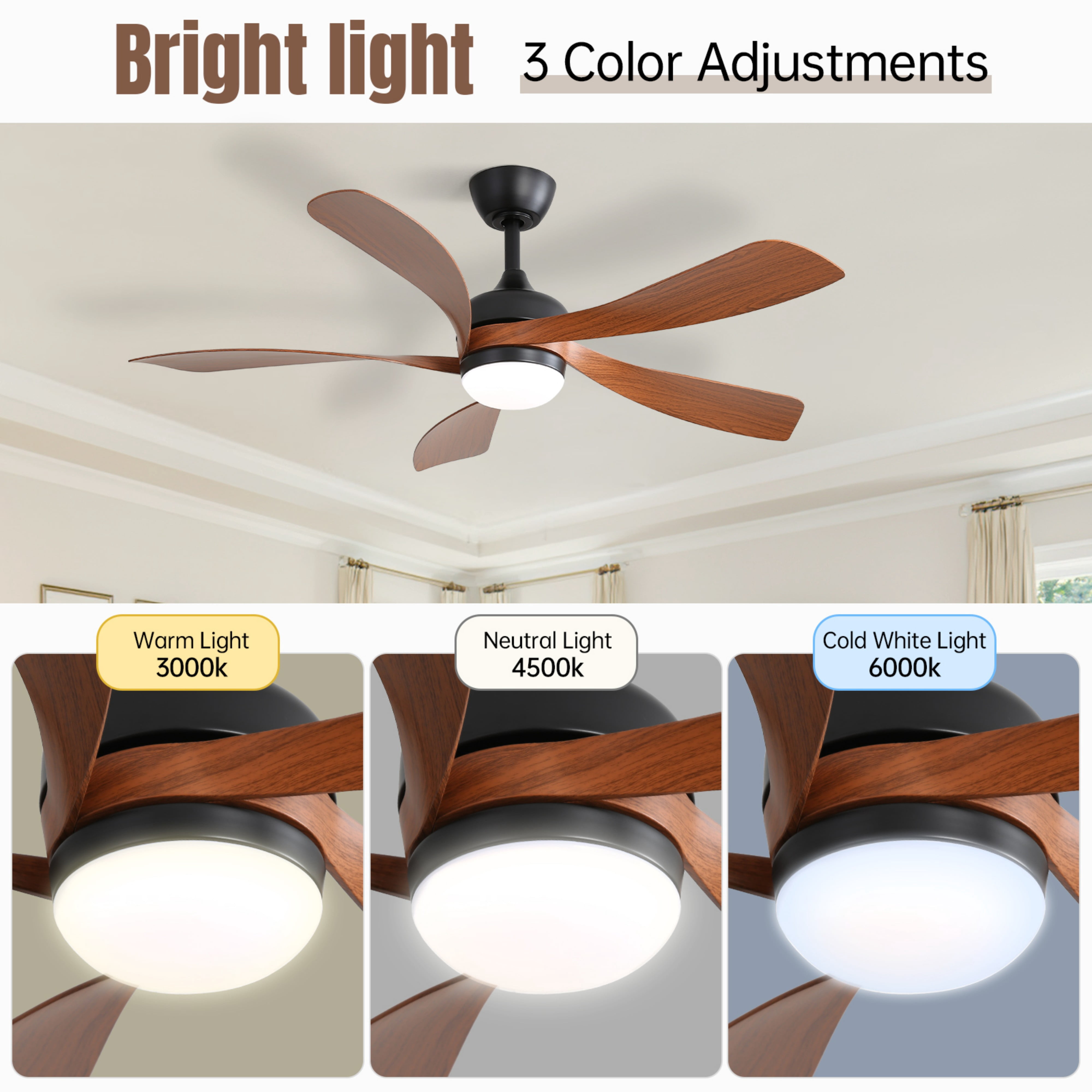 Sofucor 52 Inch Ceiling Fans with Lights and Remote, Outdoor Ceiling Fan with Light 6-Speed 3 CCT 3-Timer, Low Profile Ceiling Fan 5 Blade Reversible DC Motor for Living Room Bedroom Patio