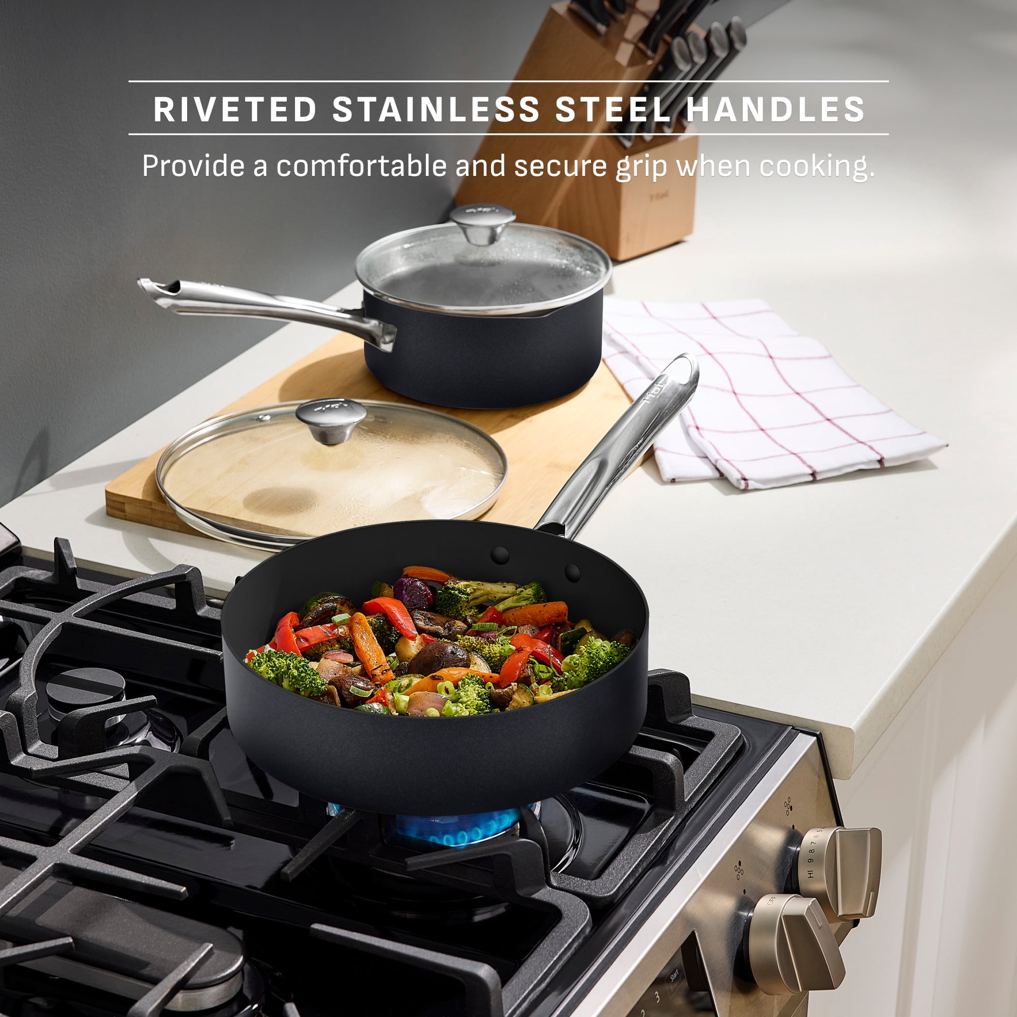 T-fal Cook & Strain Non-stick, 14 Piece Pots and Pans Cookware Set, Black