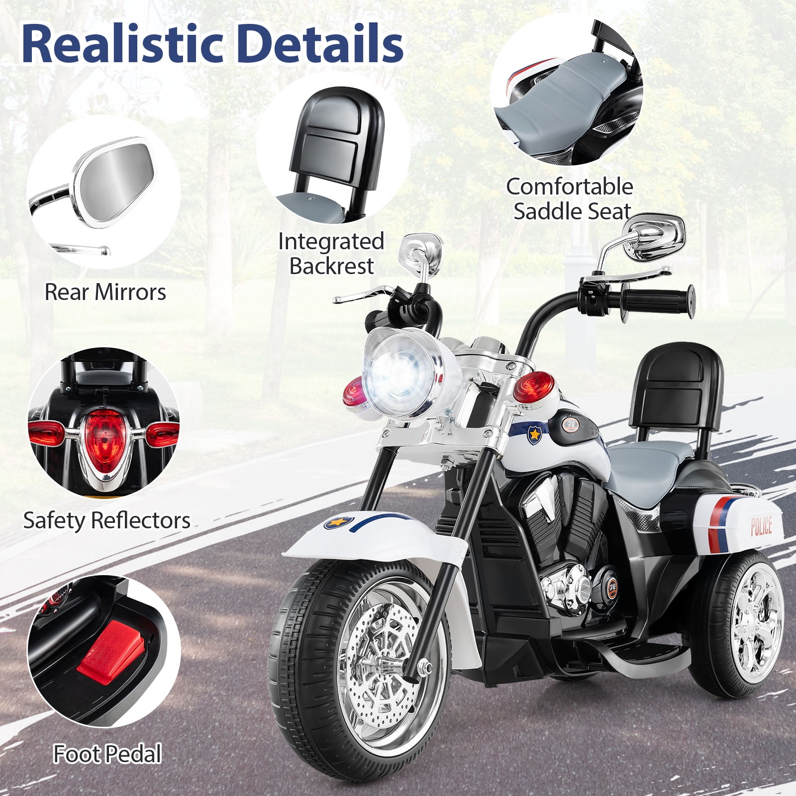 Gymax 6V Electric Kids Motorcycle 3-Wheel Ride On Toy w/ Adjustable Headlight White