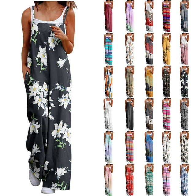 QATAINLAV Womens Overalls Loose Fit Wide Leg Jumpsuits Sleeveless Color Block Rompers with Pockets Dressy Summer Beach Vacation Outfits Brown L Back to College Sale