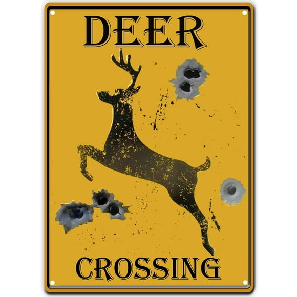 GHSDFBB Tin Signs Deer Crossing Caution Yellow Sign Bullet Holes Rustic Hunting Cabin Lodge Street Road Decor New Wall Art Retro Vintage Bar Country Home Outdoor Yard 8X12Inch