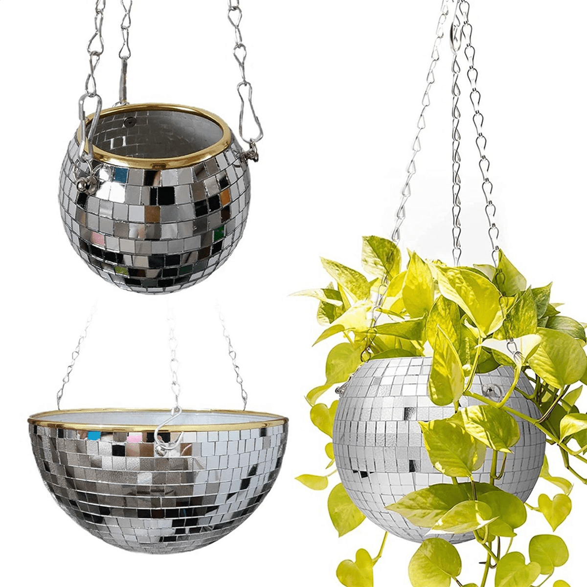 2X Disco Planter Shape Hanging Vase Flower Planter Pots with Drainage Mirror Hanging Basket Garden Decoration-XL