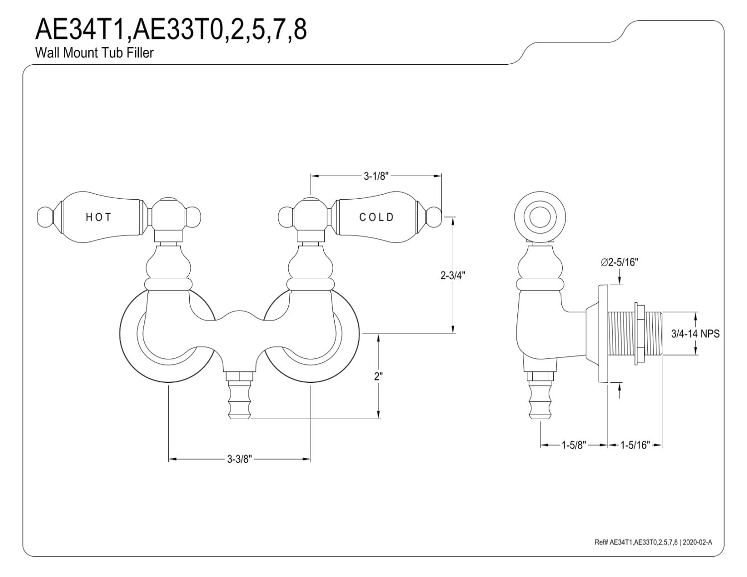 Kingston Brass AE33T2 Aqua Vintage 3-3/8 Inch Wall Mount Tub Faucet, Polished Brass