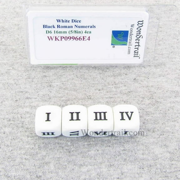 White Dice with Black Roman Numeral D6 16mm (5/8in) Pack of 4 Wondertrail