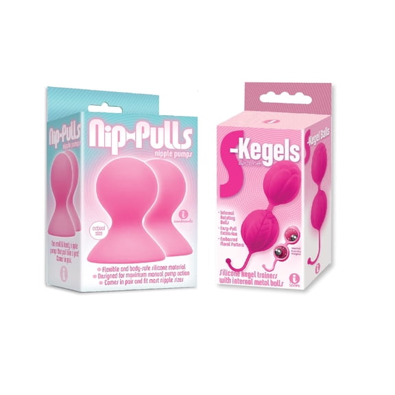 Sex toy Gift Set bundle of Silicone Nip-Pulls, Pink And Icon Brands S-Kegels, Silicone Kegal Balls, Pink