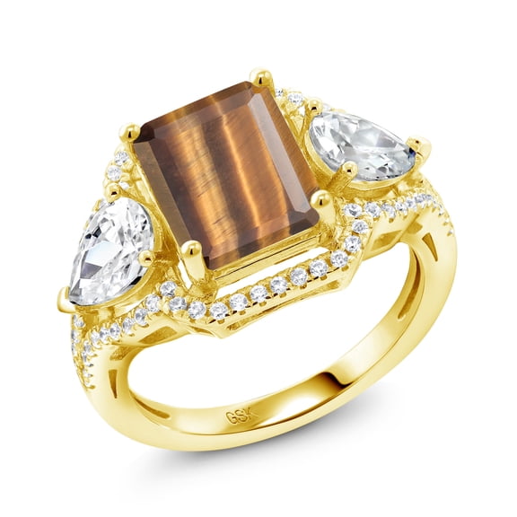 Gem Stone King 18K Yellow Gold Plated Silver Brown Tiger Eye Ring for Women (3.79 Cttw, Emerald Cut 10X8MM, Gemstone, Size 7)