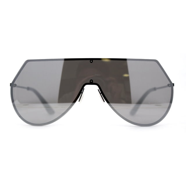 Color Mirror Futuristic Flat Top Shield Rimless Sunglasses Black Silver Mirror