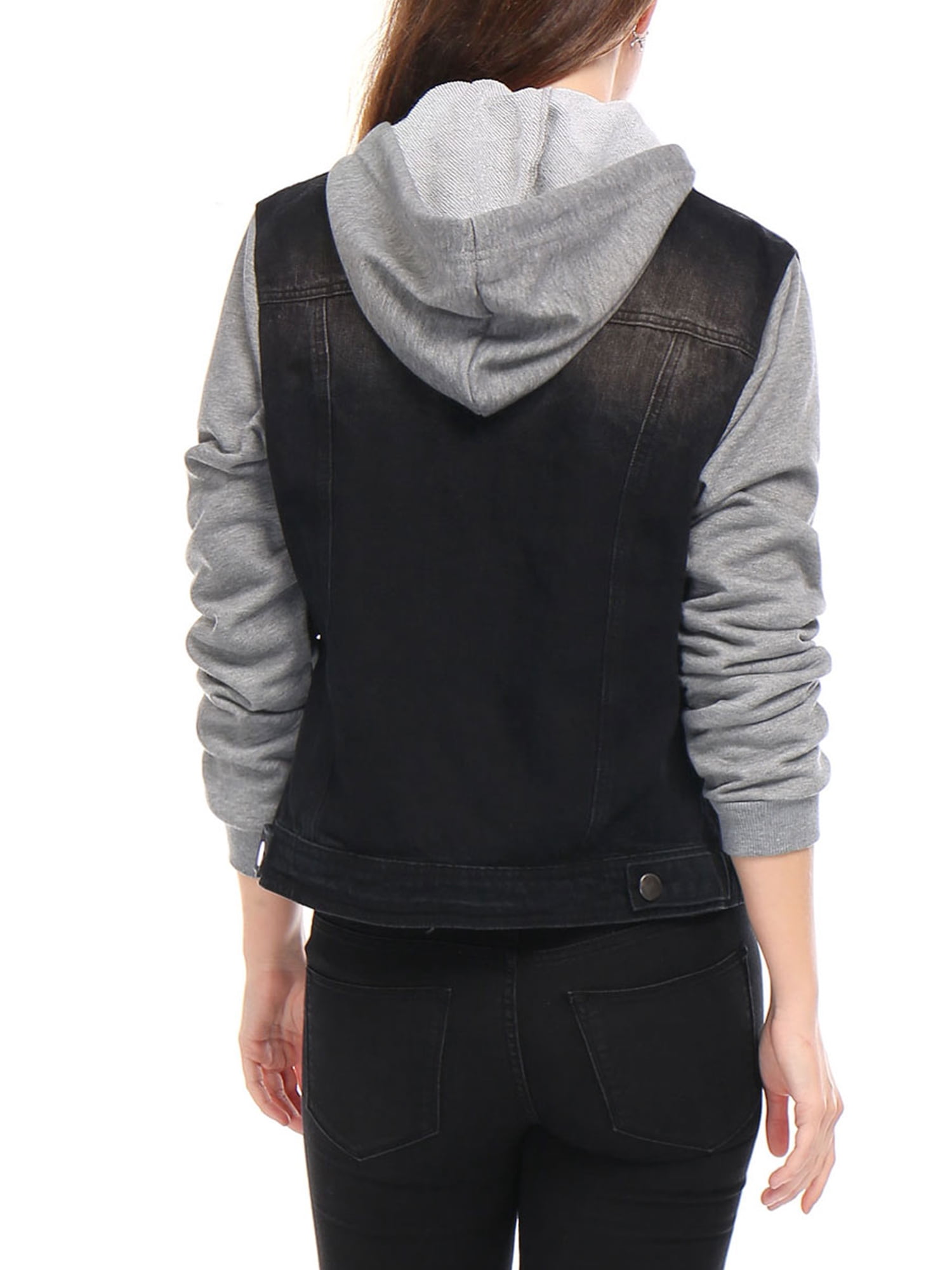 DARING DIVA Women's Layered Outerwear Hooded Denim Jacket L Black