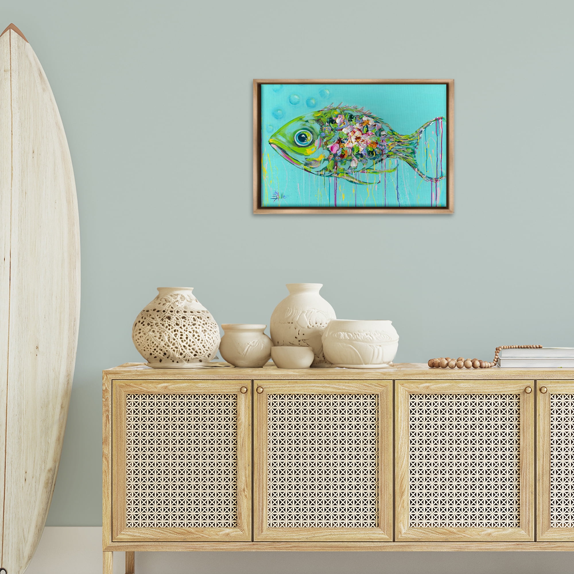 Stupell Industries Painterly Drip Fish Nautical & Beach Painting Brown Floater Framed Canvas Art Print Wall Art, 25 x 17