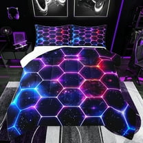 jejeloiu Neon Honeycomb Hexagon Full Size Comforter Sets,Modern Geometric Abstract Bedding Comforter Set,Gradient Pink Blue Black Bedding Sets For Adults,Super Cozy Room Decor,3 Pieces