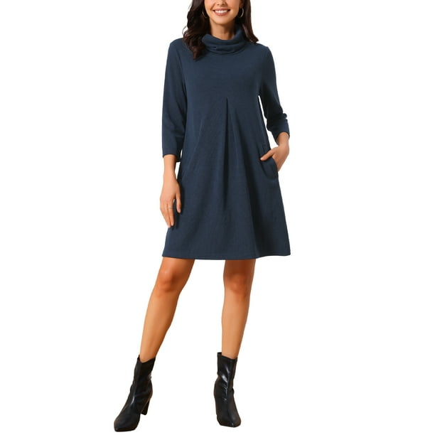 Vestido de punto para mujer INSPIRE CHIC con mangas 3/4, suelto, cuello de tortuga, suéter de pullover, vestido mini de otoño e invierno con bolsillos, talla S, azul oscuro