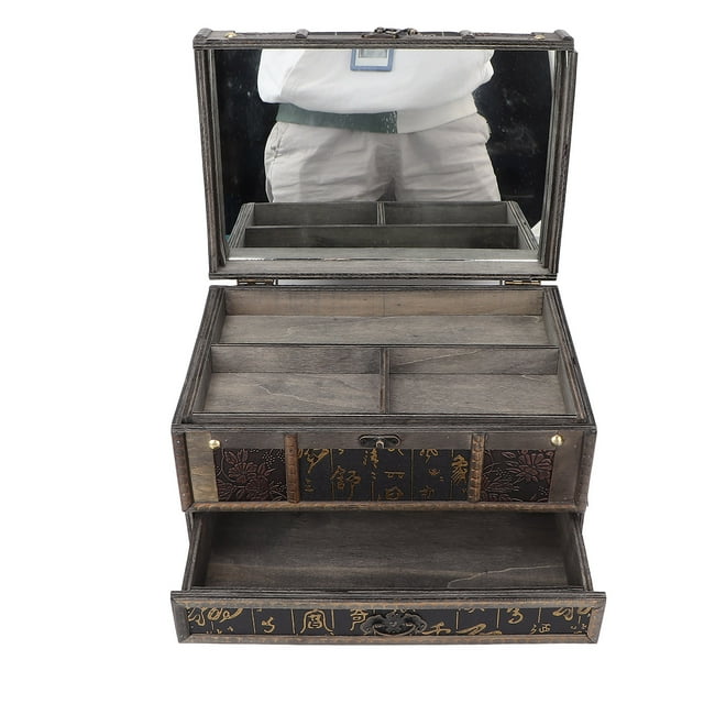 Vintage Jewelry Storage Box, Multifunctional Wooden Photography Prop Makeup Jewelry Box Firm With Mirror For Dressing Table