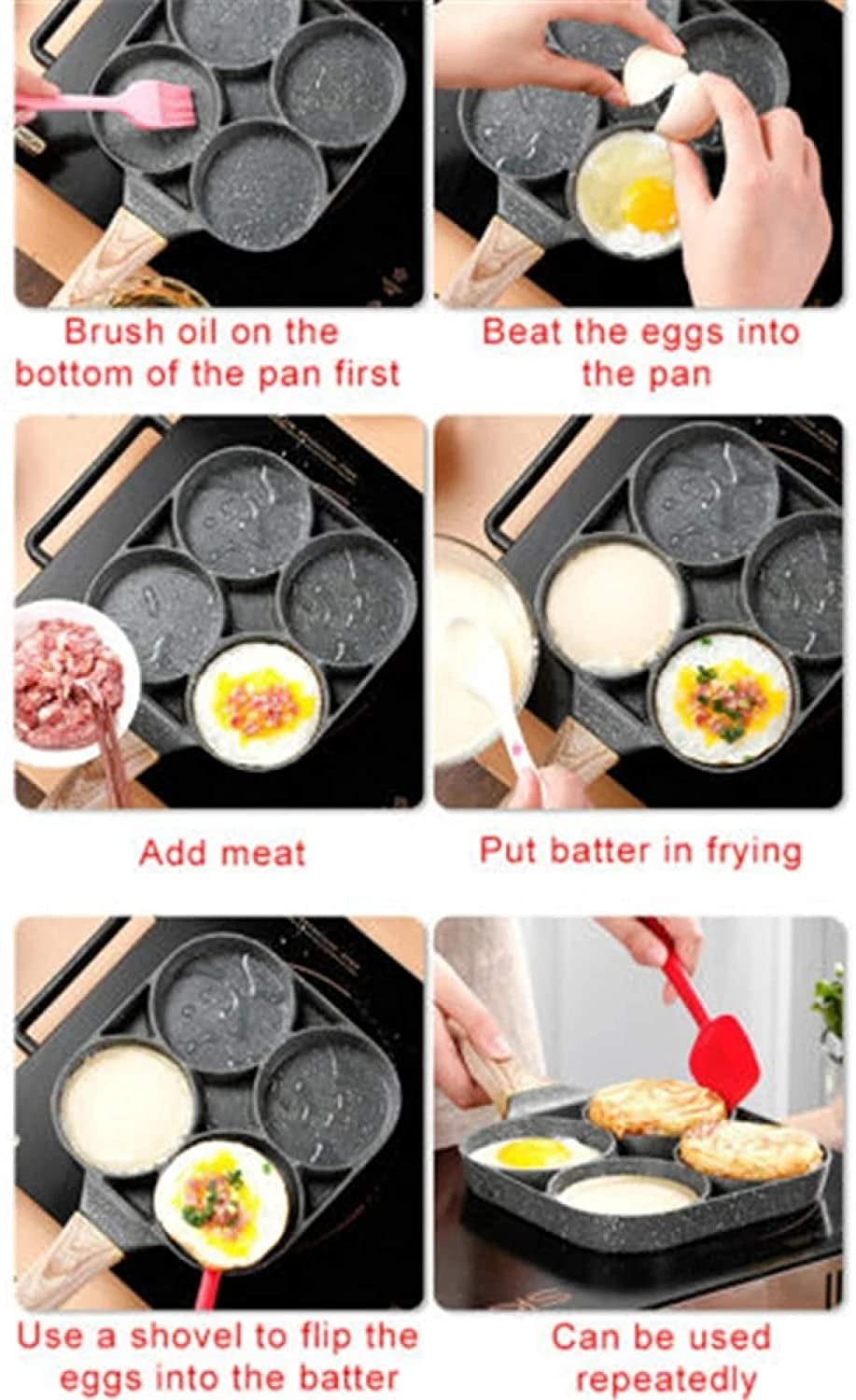 PENIOR 4 Hole Omelet Pan, Egg Frying Pan, Breakfast Frying Pan, Pancake Pan, Fried Egg Pan, Hamburger, 4 Holes, Induction Ready