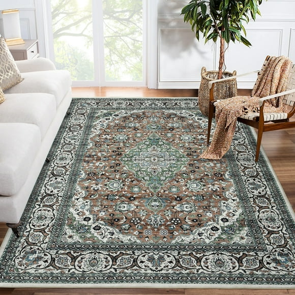 5'x7' Vintage Persian Floral Rug – Washable, Non-Slip Low-Pile Boho Rug for Nursery & Dorm, Green Multi