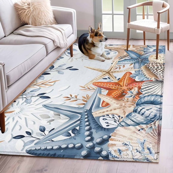 Kitchen Mats for Floor 3x5 Ft, Blue Coastal Non Slip Area Rugs for Kitchen Bedroom Entryway, Summer Beach Starfish Weeping Eucalyptus Ombre Washable Carpet Runner Rug Floor Mats for Bedroom