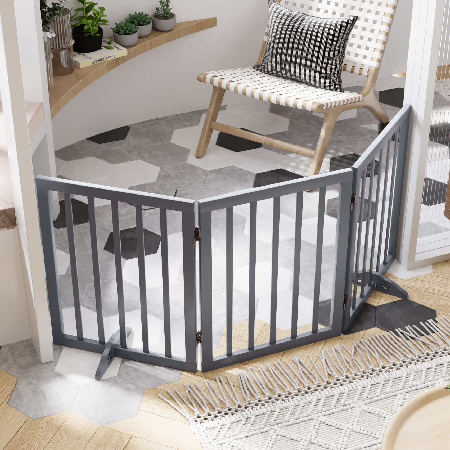 Smuxee Freestanding Dog Gate Foldable Pet Fence with Support Feet, Gray, 3 Panel