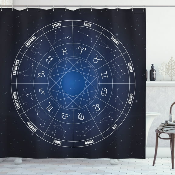 Ambesonne Astrology Shower Curtain, Zodiac Dates in Space, 69"Wx84"L, Dark Blue and White