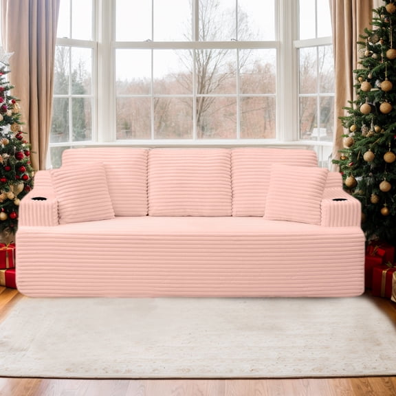 CKEASEAN 86'' Boneless Sofa Couch with Cup Holders & Side Pockets, Modern Corduroy Upholstered 3-seat Couch with Throw Pillow, No Assembly Required, Cloud Floor Couches for Small Spaces & Living Room
