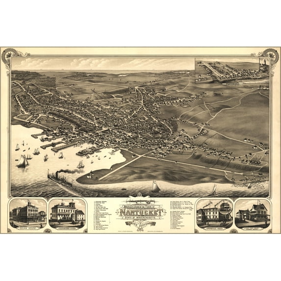 24"x36" Gallery Poster, birdseye view map of Nantucket Massachusetts 1881