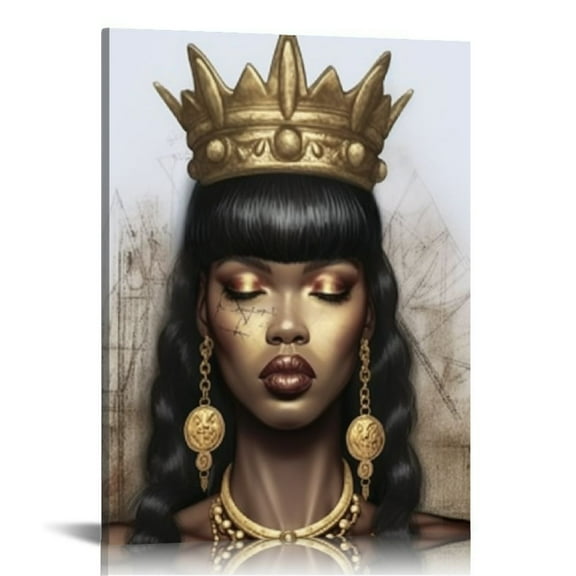 COMIO African American Wall Art Black Queen with Golden Crown Inspirational Motivational Painting Canvas Print Black Girl Bedroom Decor Living Room Decor