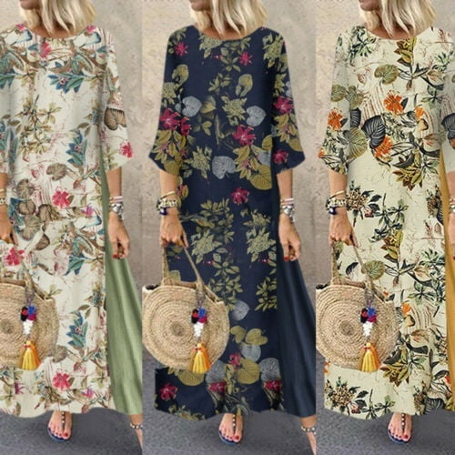 2019 Nouvelle Robe Maxi Longue Bohème à Imprimé Floral en Coton et Lin pour Femmes Grande Taille, Manches Longues, Décontractée, Ample, Kaftan, Tunique Patchwork