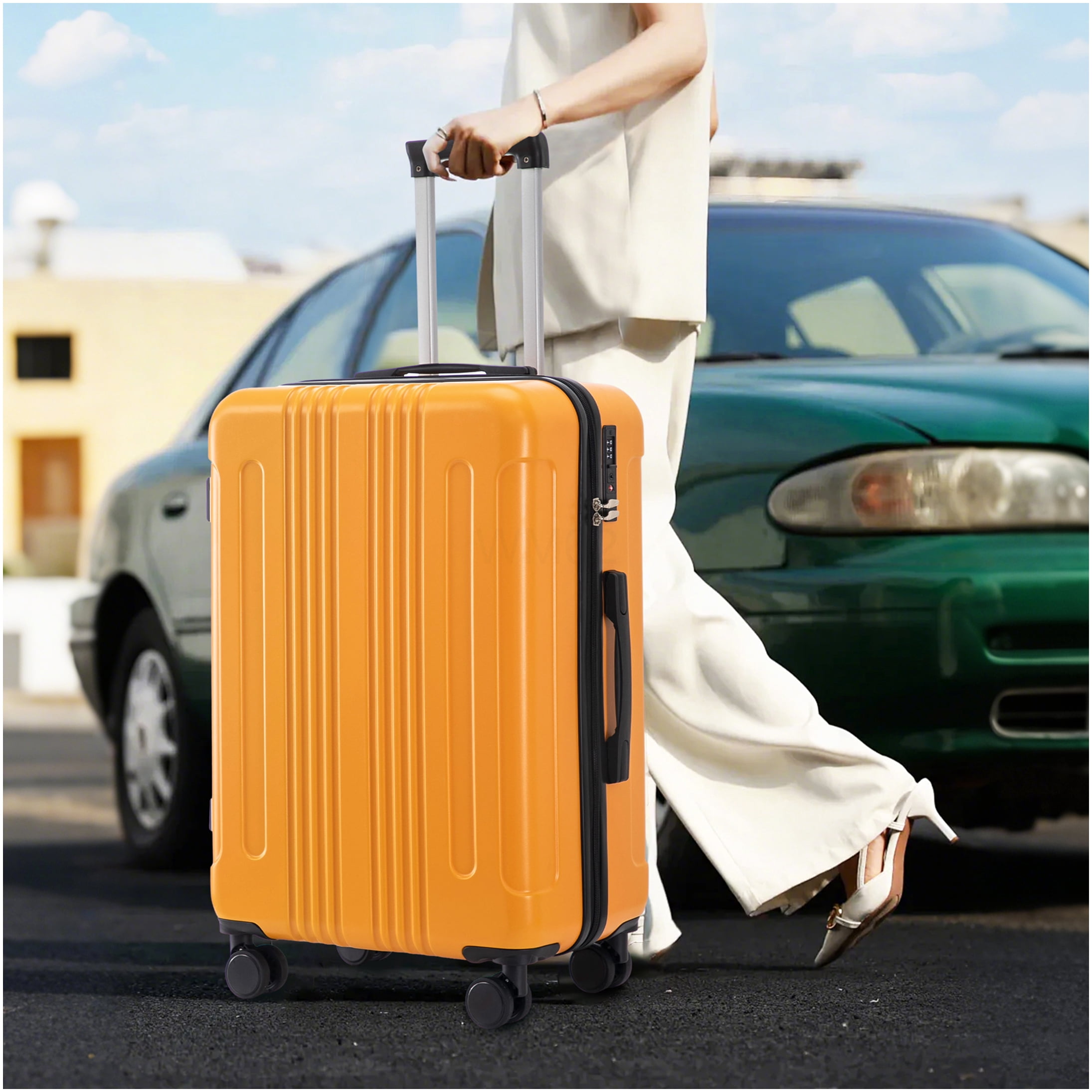 3-Piece ABS Spinner Luggage Set with TSA Lock, 20/24/28 Inch Carry On Suitcase, Black and Orange