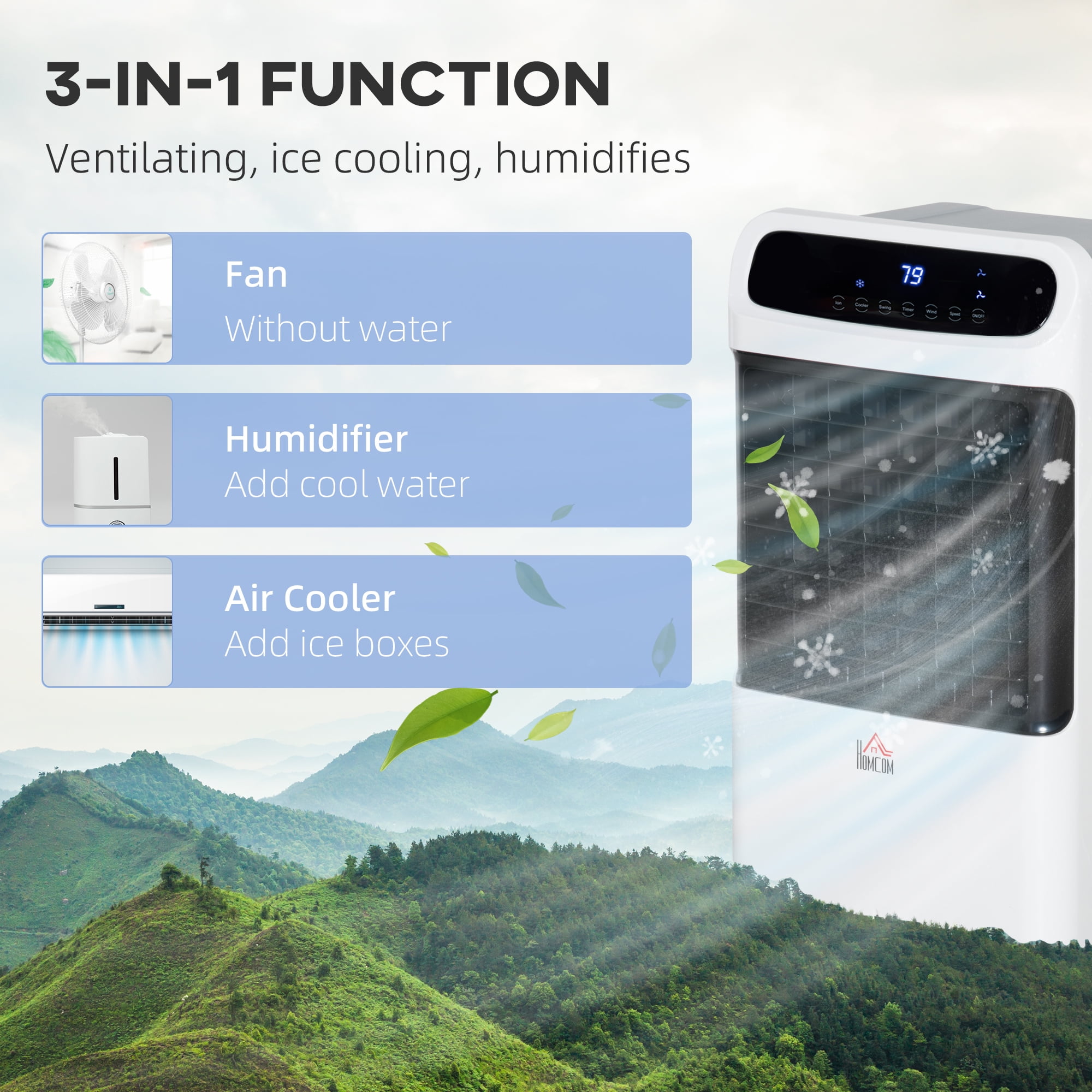 HOMCOM 32" Evaporative Air Cooler with 3.2 Gal Water Tank, 60Â° Oscillating, 3-In-1 Ice Cooling Fan, Portable Swamp Cooler with Humidifier for Home Office, 3 Modes, 3 Speeds, 12H Timer, Remote, White