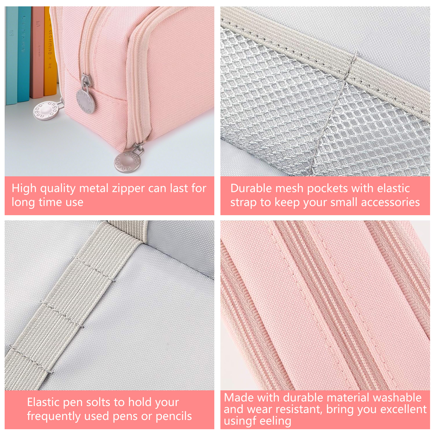 Rirool Large Capacity Pencil Case, 3 Compartments, Pink photo 3
