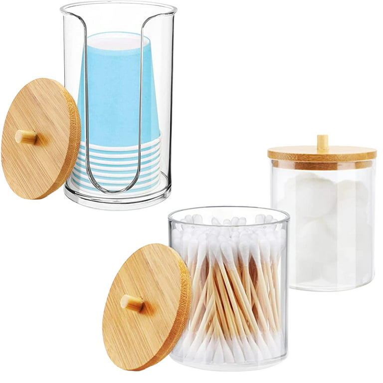 SKYCARPER 3 Pack Acrylic Qtip Bathroom Jars with Bamboo Lids, Cotton Ball Pad, Round Swab Holder for Bathroom Accessories Storage Organizer, Size: 3PCS-B, Blue