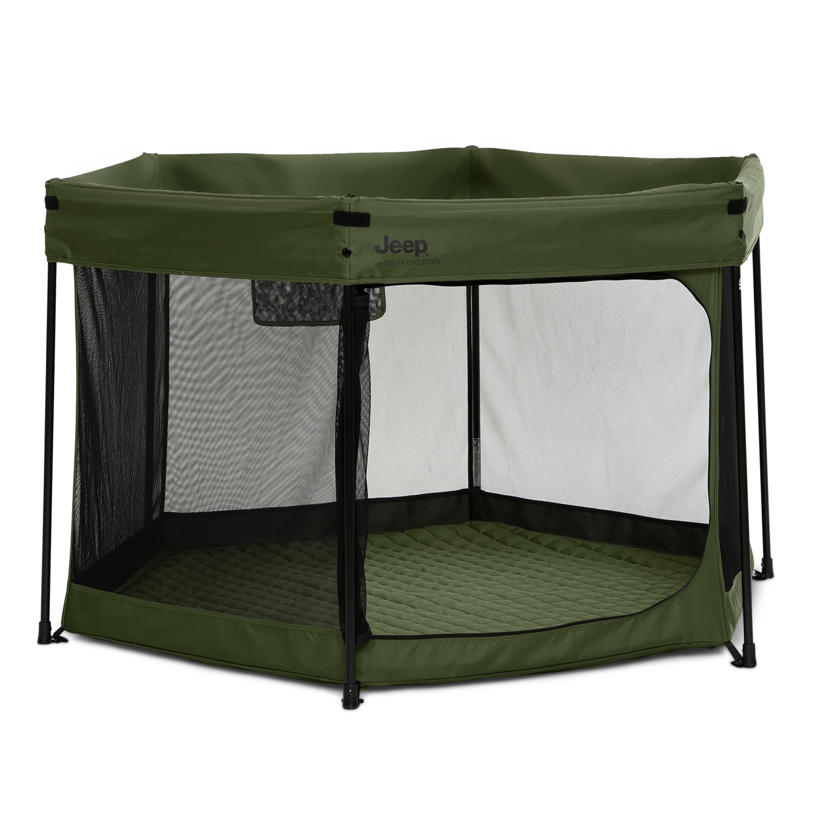 Jeep Hexagon Pop Up Play Yard with Removable Canopy - Ideal for Indoor and Outdoor Use, Olive Green