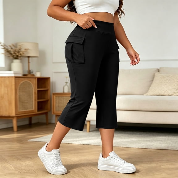 Mifsaly Womens Cargo Capri Pants with Pockets Plus Size High Waisted Capris Comfortable Stretch Flattering Athletic Lounge Crop Trousers Black,XL