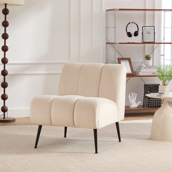 Youmumeub Modern Armless Accent Chair, 24.4" Wide Upholstered Slipper Chair, Beige Velvet Side Chair with Black Metal Legs for Living Room, Bedroom, Office