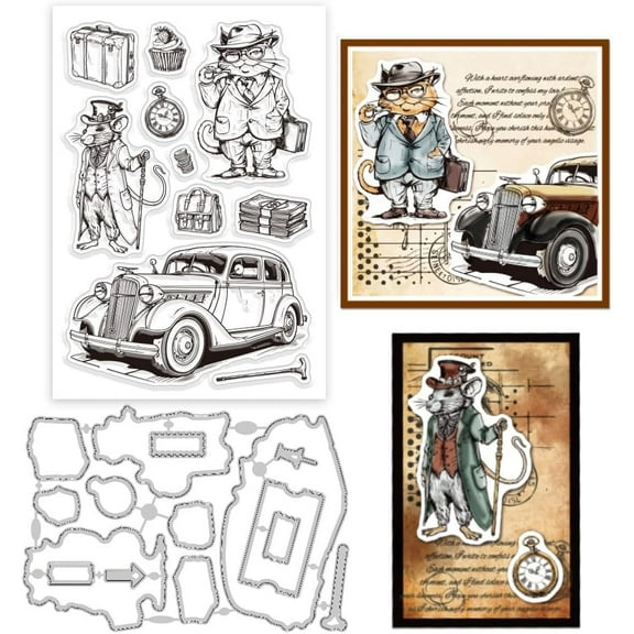 Gentlemen Cat and Mouse Clear Stamps Retro Gentlemen Animals Frame Cutting Dies Set Silicone Transparent Stamp and Metal Die Cuts for Card Making and DIY Embossing Scrapbooking
