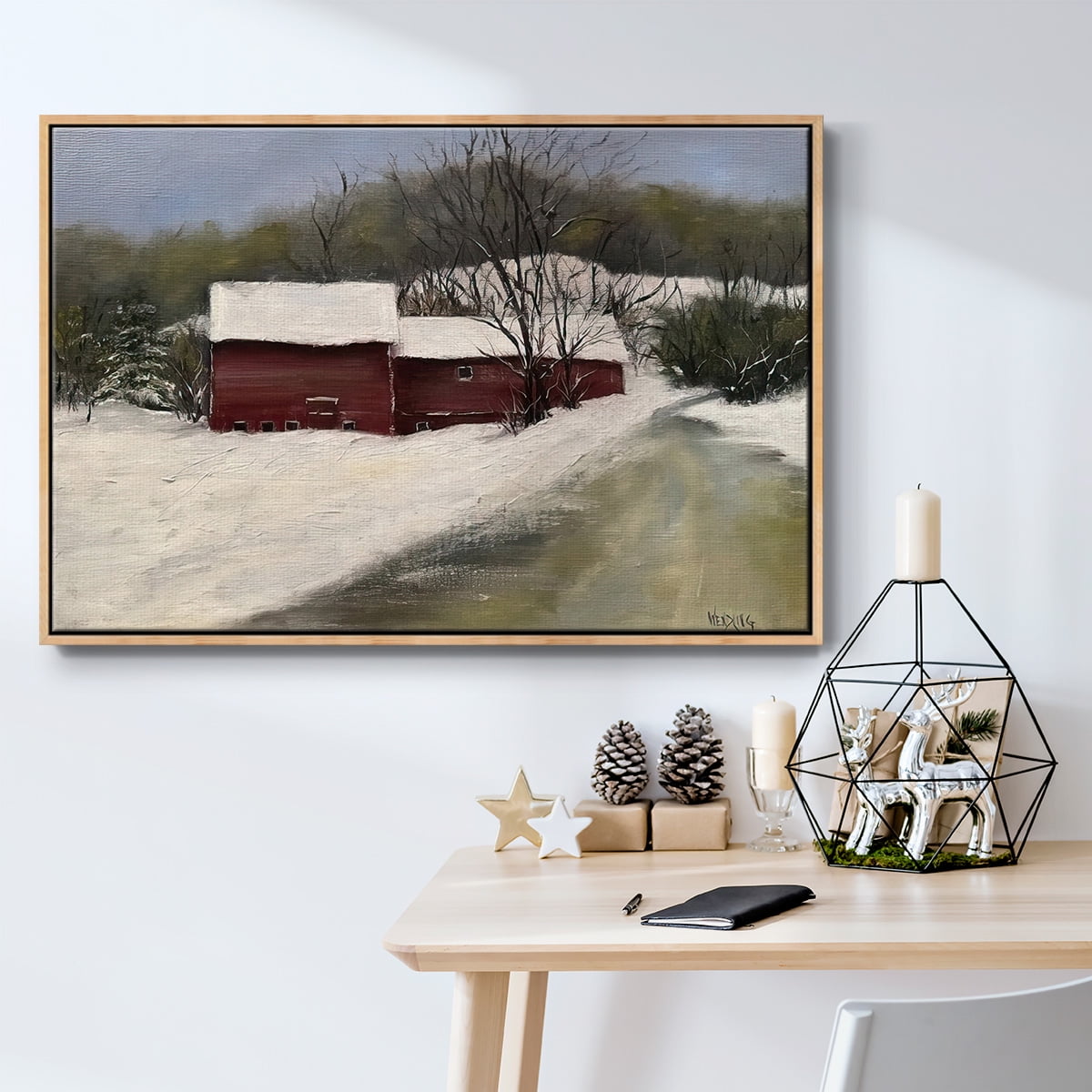 Winter Homestead II - Framed Gallery Wrapped Holiday Canvas - 27 x 41 - Natural Wood Frame