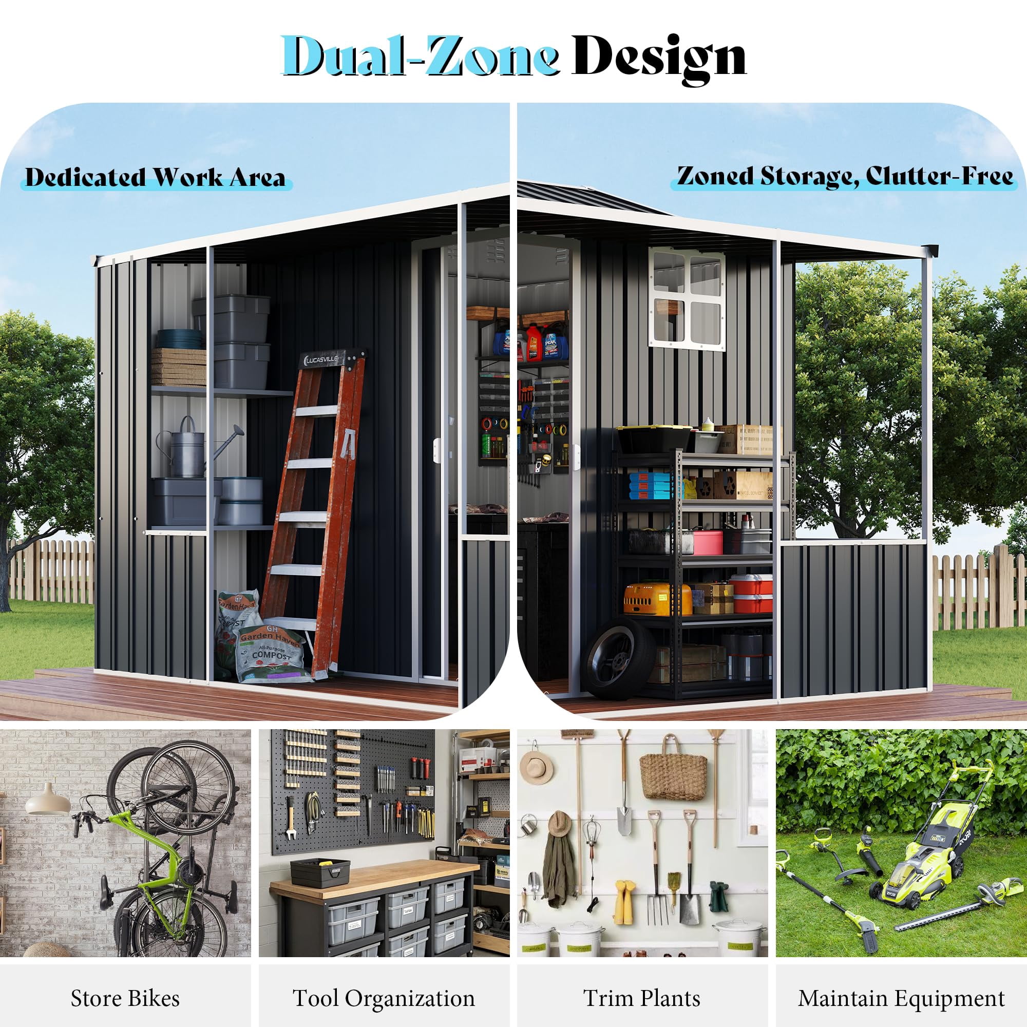Jocisland 9x9x7 FT Metal Storage Shed, Dual-Zone Tool Shed with Work Area, Reinforced Frame, Gable Roof, Ventilated Design, Dark Grey