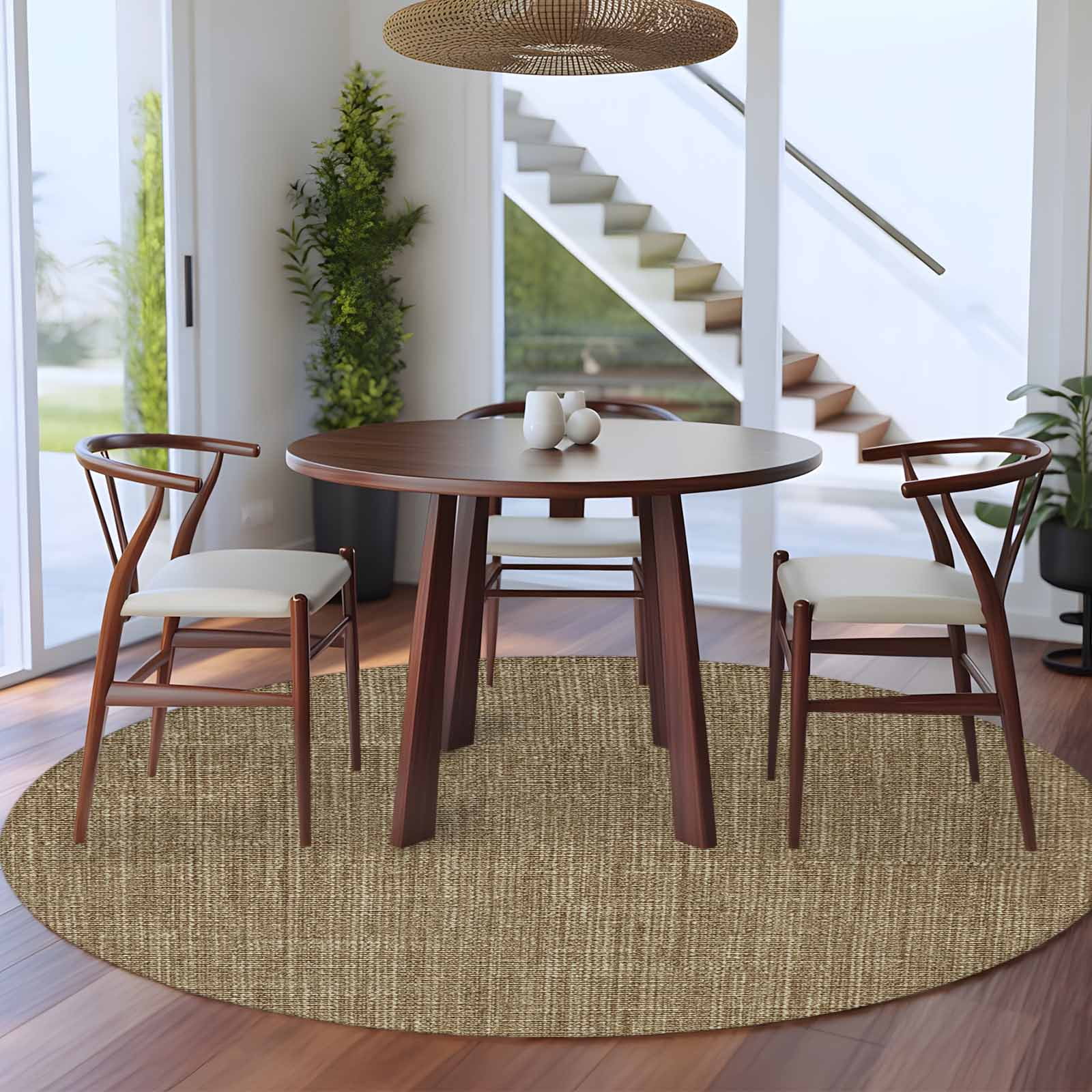 Brown 8ft Round Rug, Farmhouse Burlap Solid Beige Color Modern Linen Texture Non-Skid Rubber Backing Large Area Rugs - Living Room Bedroom Home Office, Indoor Floor Mat Carpets Washable Rug