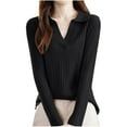 thumbnail image 2 of QUNYINEY Ribbed Knit Women Sweater Collared Solid Black Pullover Tops Long Sleeve Relaxed Fit Casual Sweaters, 2 of 3