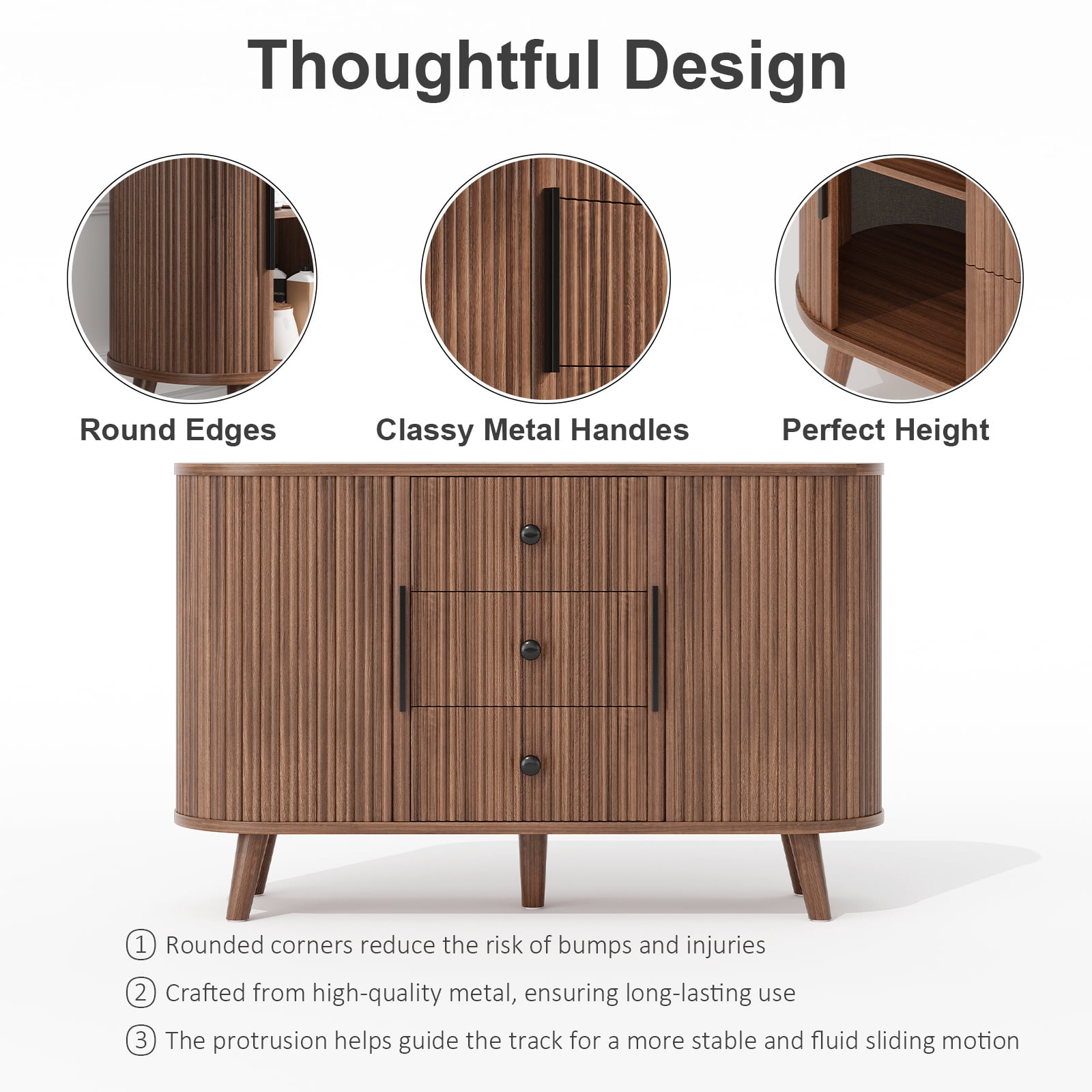 Hommoo Sideboard Buffet Cabinet with 2 Sliding Tambour Doors and 3 Drawers, Credenza Storage Cabinet with Adjustable Shelves for Living Room, Walnut