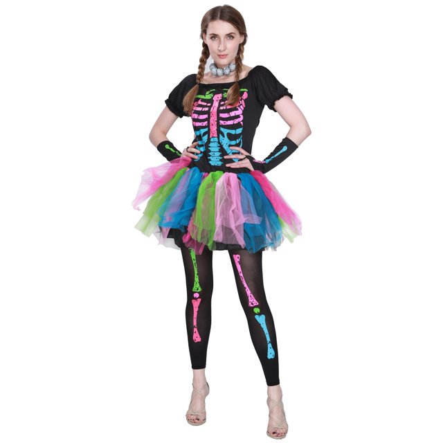 EraSpooky Femmes Costumes Punk Funky Os Robe Tutu Colorée Squelette