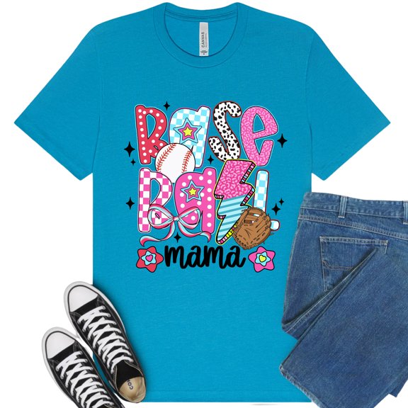 Baseball Mama Graphic Premium T-Shirt – Cute Colorful Sports Design Tee for Women, Aqua, S