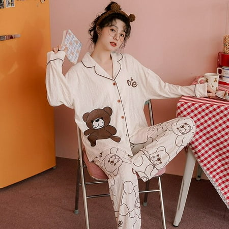 

CoCopeaunt Spring and autumn pajamas female cardigan home wear set cotton lapel jacquard cartoon casual pajamas set sleepwear