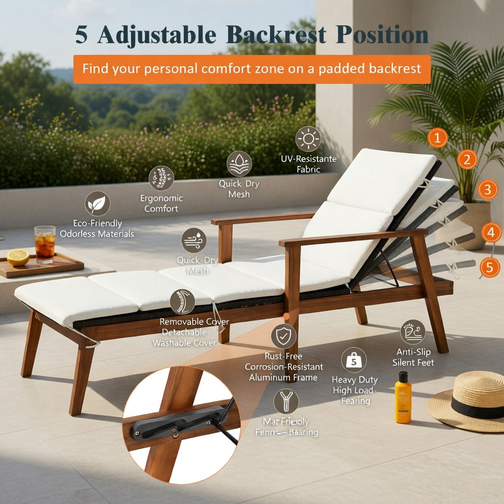 Hommoo 3-Piece Outdoor Rattan Lounge Chair Set with Foldable Side Table, Adjustable Reclining Patio Seating for Deck, Pool & Backyard, White