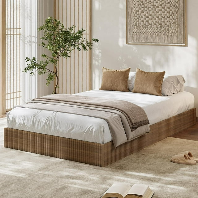 Twin XL Bed Frame, Wood Platform Bed with Fluted Design, Low Profile BedFrame, Minimalist Bed Base with Noise-Free, Easy Assembly, No Box Spring Needed, Walnut