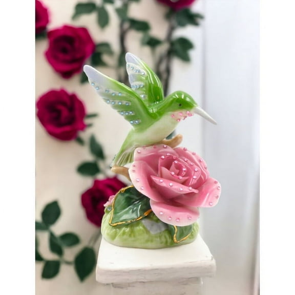 Ceramic Hummingbird Figurine with Pink Rose Flower 3x2.125x3.5 Gift