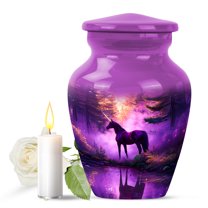 JAGASY Unicorn Miniature Urn for Daughter, Purple Small Urns for Human Ashes Keepsake, Sunset Forest Trees & River Decorative Urns for Children, Memorial Urn for Son, (3 Inch)