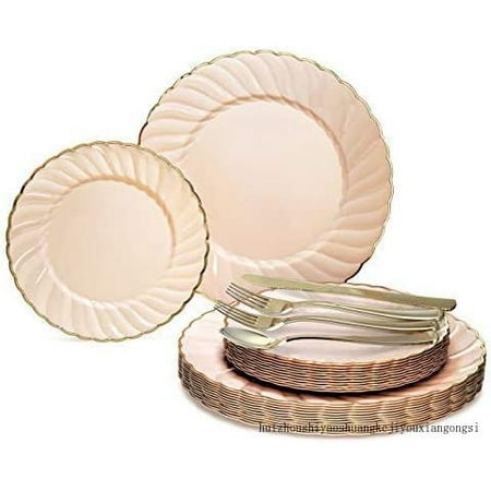 

OCCASIONS 150Pcs Set (25 Guests)-Vintage Wedding Party Disposable Dinnerware Set Plastic Plates & Silverware W/Double Fork -10.25 7.5 (Blossom Blush & Gold Rim)
