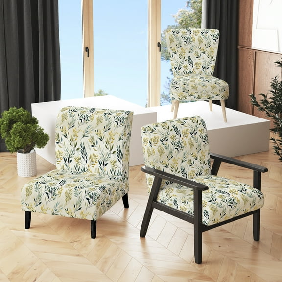 Designart "Leaves In Zen Tranquility III" Green Leaves Pattern Upholstered Accent Chair - Bohemian & Eclectic Arm Chair For Bedroom